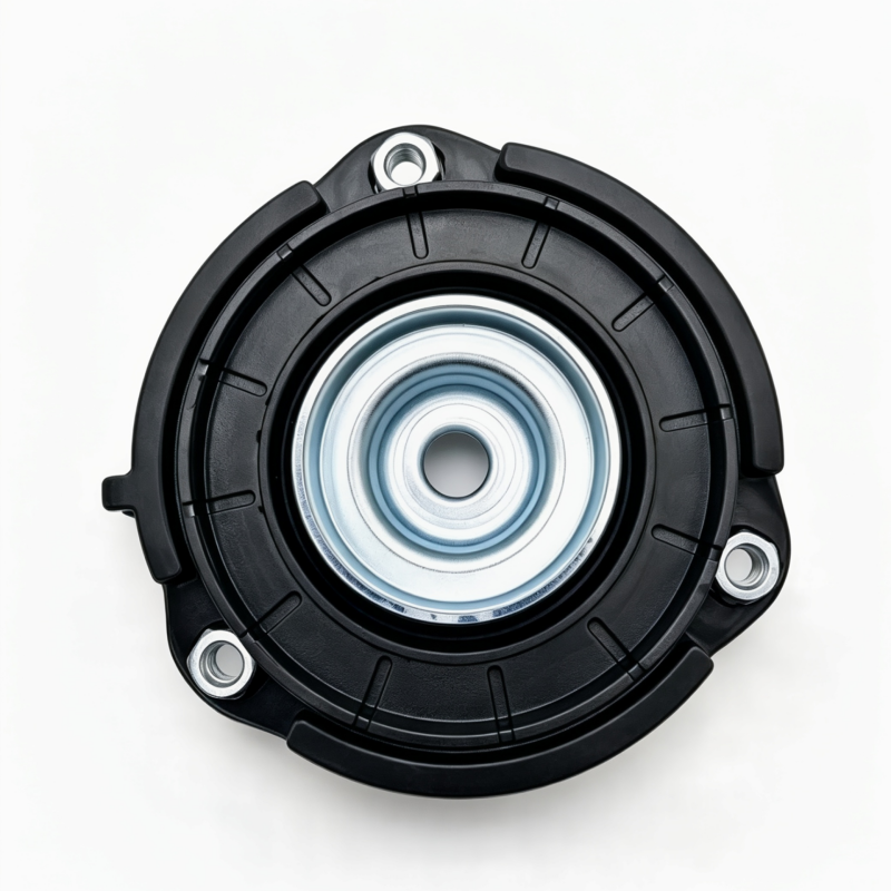 Black front strut mount with silver center plate and mounting bolts, round design