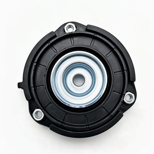 Black front strut mount with silver center plate and mounting bolts, round design