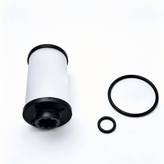 Transmission filter cartridge with white element and black housing, plus two O-rings