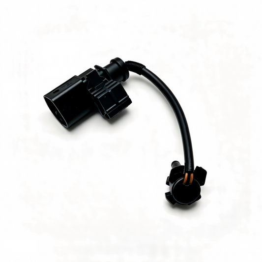 Automotive temperature sensor with wiring harness, black plastic connector and leads