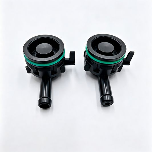Crankcase ventilation valve pair, black housing with green sealing ring and outlets