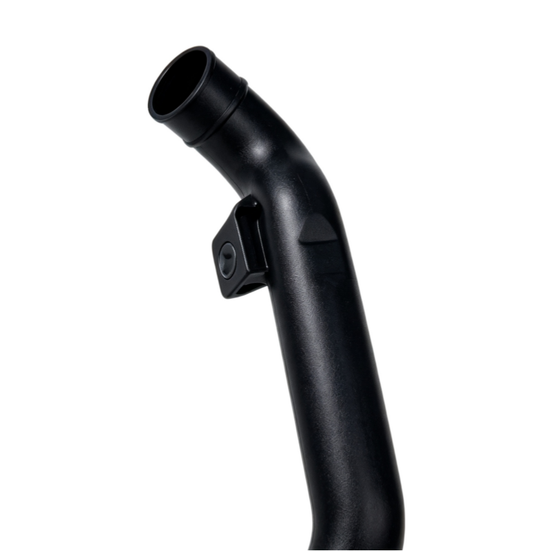 Black coolant hose elbow with molded clamp tab