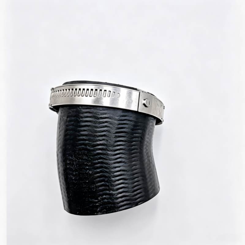 Turbo boost pipe: black rubber hose and silver metal clamp, close-up