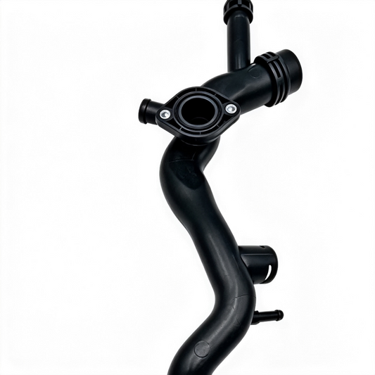 Black coolant hose assembly with molded connectors and circular flange ports
