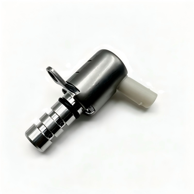 Oil pressure control valve with metal housing and white plastic electrical connector