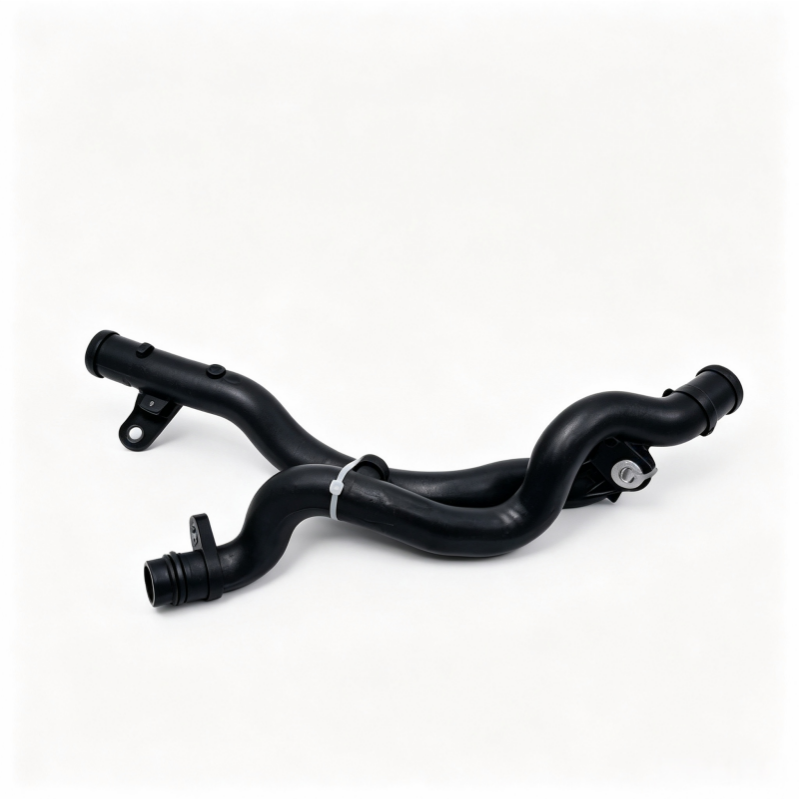 Black coolant return pipe assembly with multiple hose bends and two connector ends