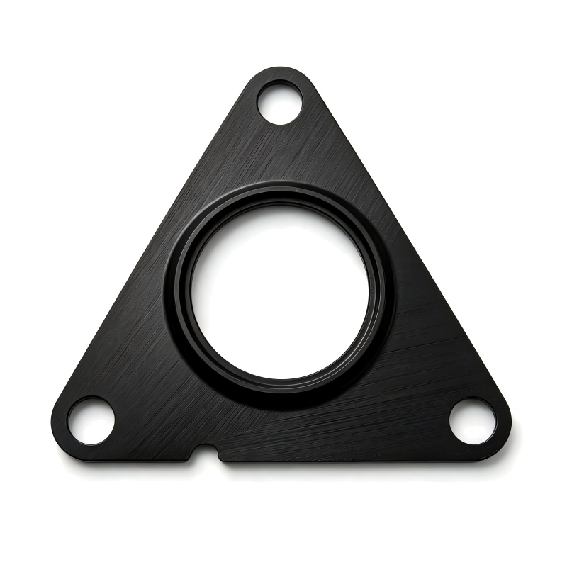 Black triangular oil line seal gasket with circular center opening and three bolt holes