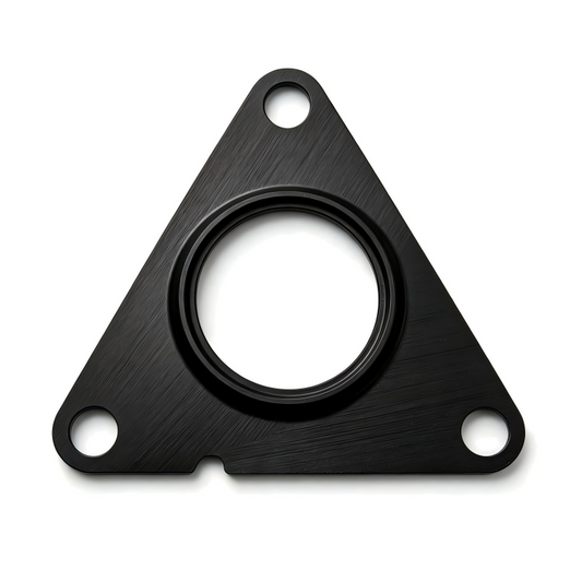 Black triangular oil line seal gasket with circular center opening and three bolt holes