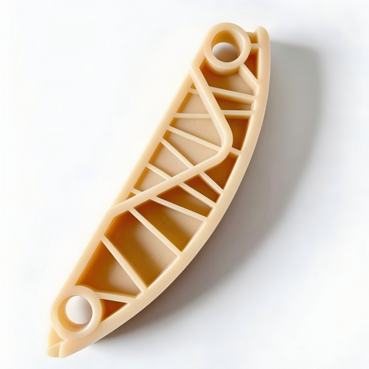 Timing chain guide rail, beige plastic with circular mounting holes and ribbed channels