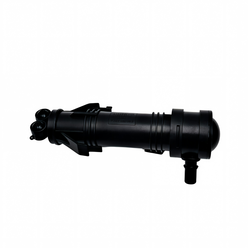 Black headlight washer nozzle sprayer with side nozzle and outlet tube fitting