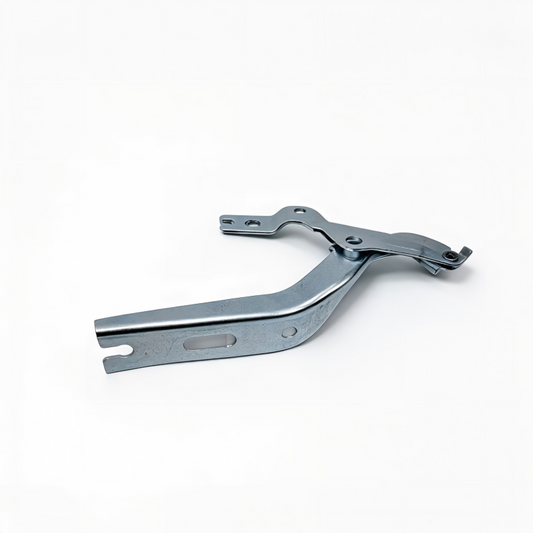 Steel hood hinge bracket, silver gray metal with mounting holes