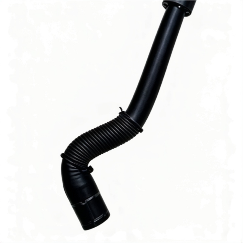 Curved black rubber turbo boost hose with ribbed section
