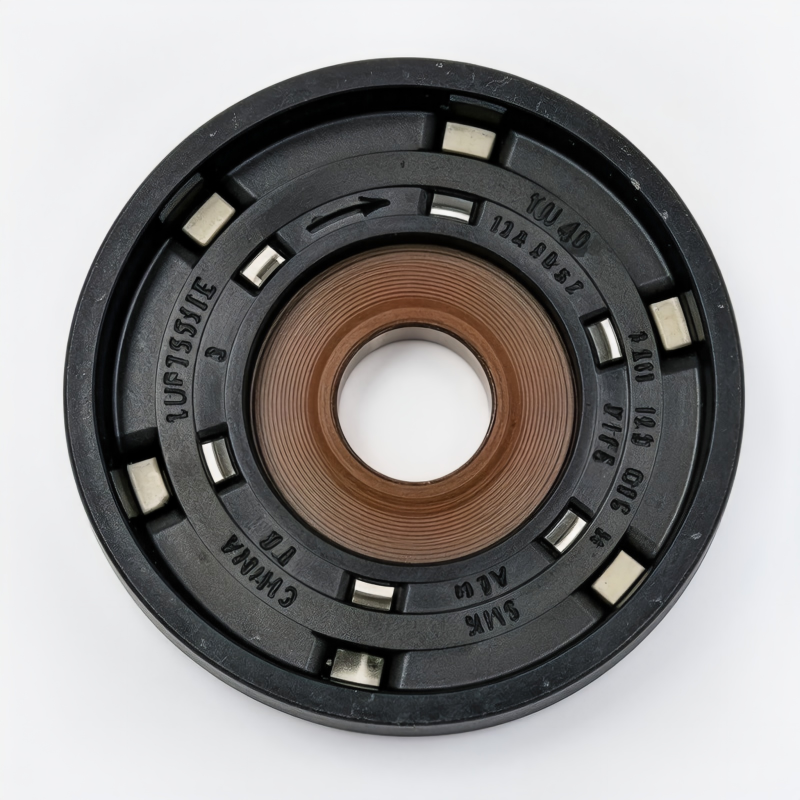 Crankshaft oil seal with black outer ring and brown rubber sealing lip, metal inserts