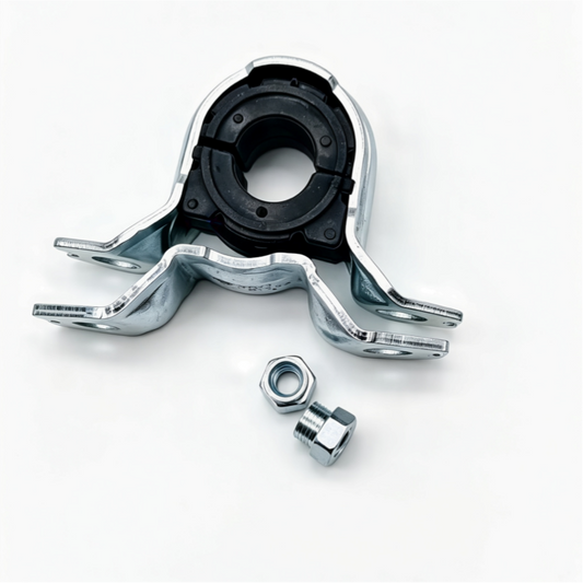 Front stabilizer bar bushing with metal bracket, bolts, and locking nut set