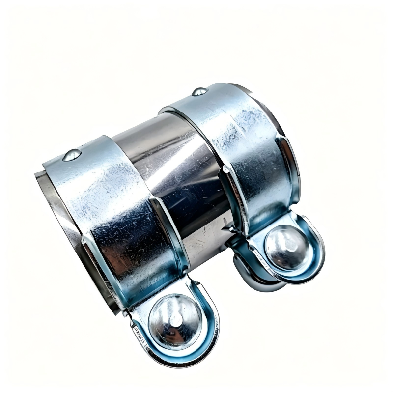 Metal exhaust clamp with U-bolt brackets and bolts for pipe connection