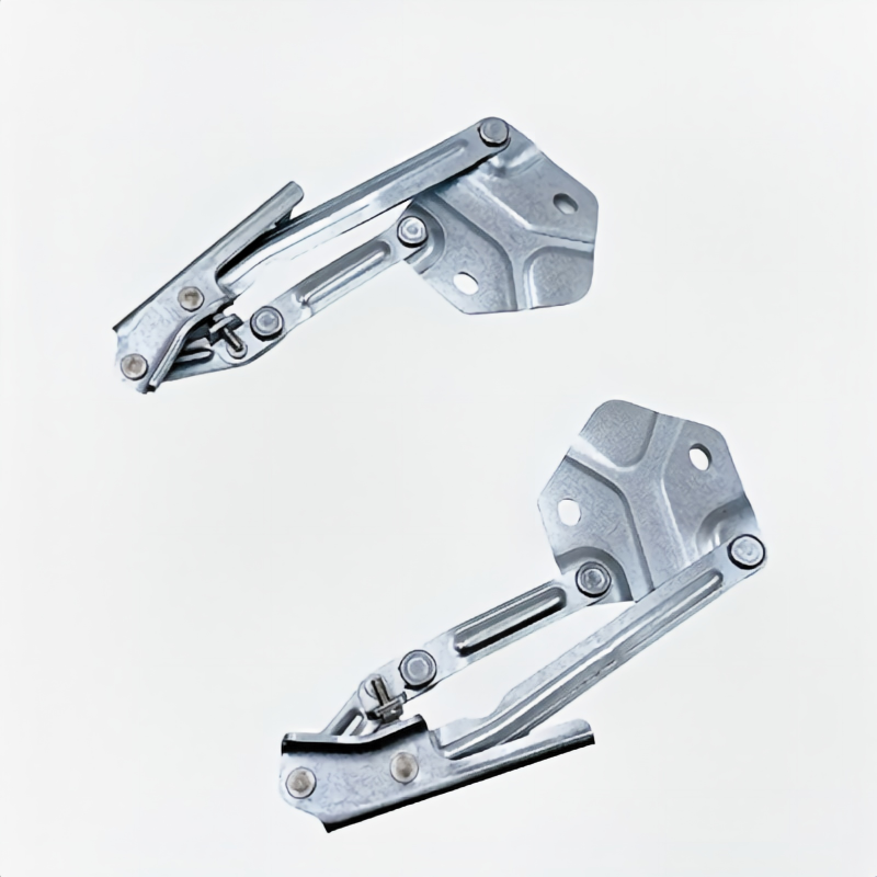 Hood hinge bracket pair, two silver hinges with long arms and mounting plates.