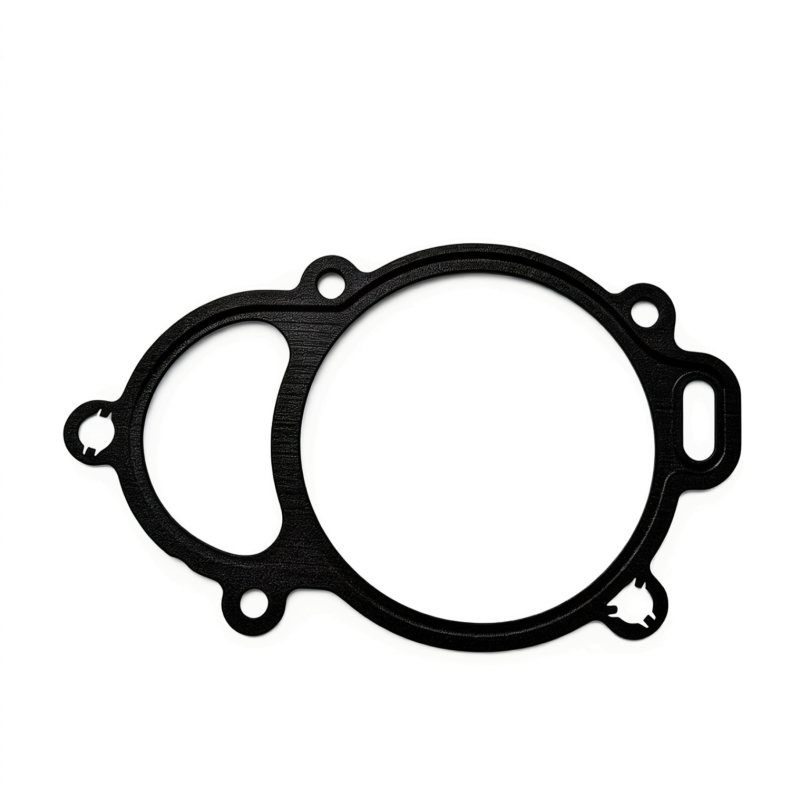 Black exhaust manifold gasket with circular seal and mounting holes