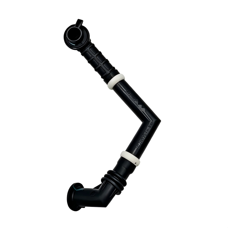 Black coolant hose with curved ends and white seal rings