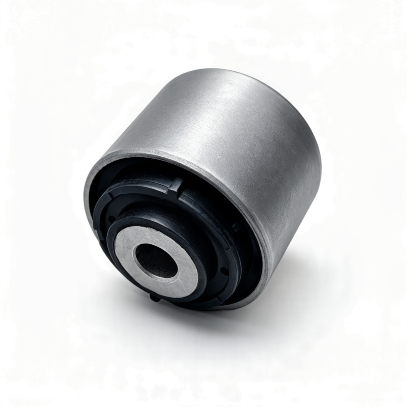 Control arm bushing with gray metal sleeve and black rubber bushing insert