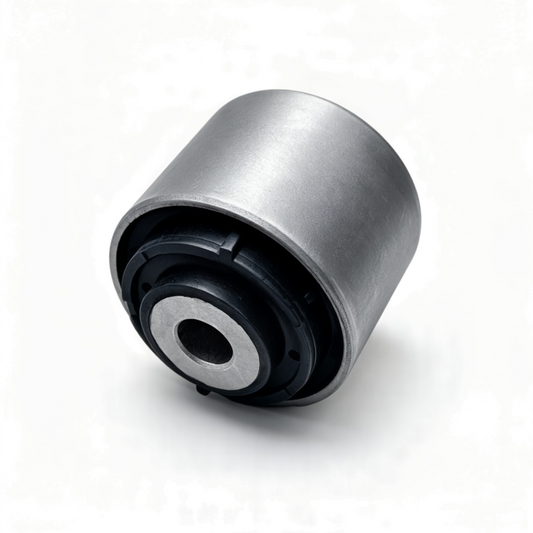 Control arm bushing with gray metal sleeve and black rubber bushing insert