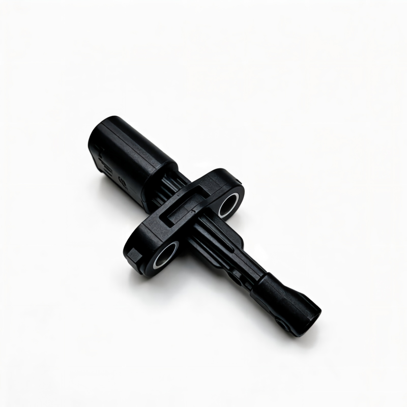 Rear ABS wheel speed sensor with black connector and mounting ring, angled view