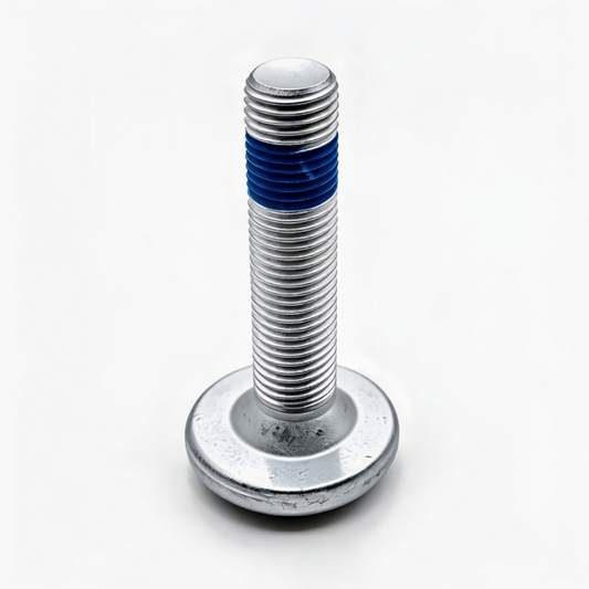 Rear wheel bearing mounting bolt with blue thread seal, silver hex flange