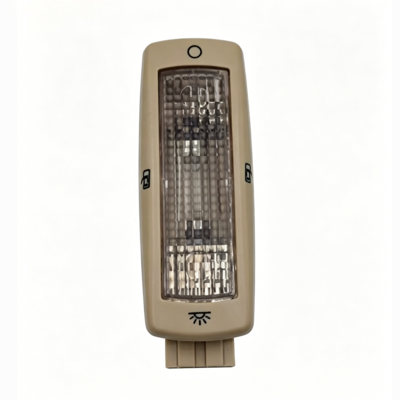 Beige interior reading lamp, rectangular lens with control icons