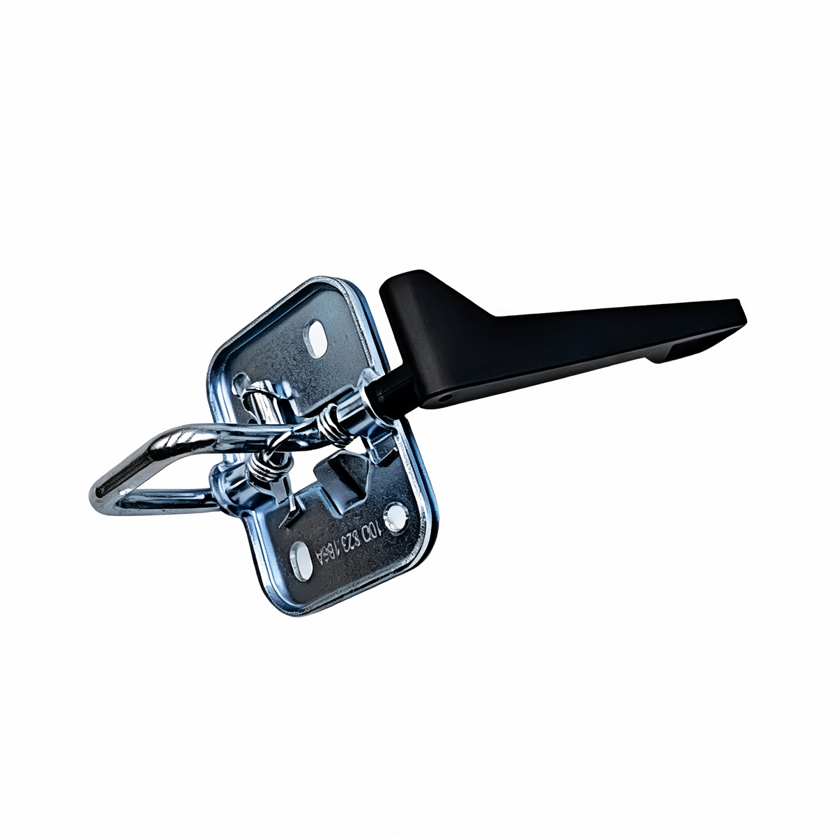 Hood latch mechanism with black lever and chrome metal mounting plate