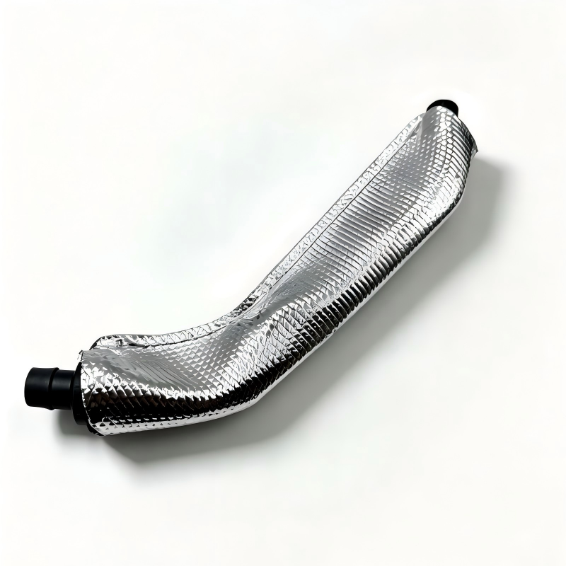Turbo boost pipe with valve, silver braided heat shield and black rubber ends