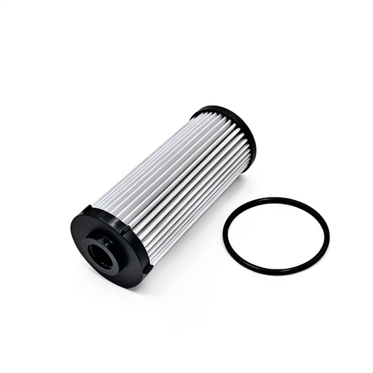 Transmission filter cartridge with pleated element and black end caps, with rubber O-ring