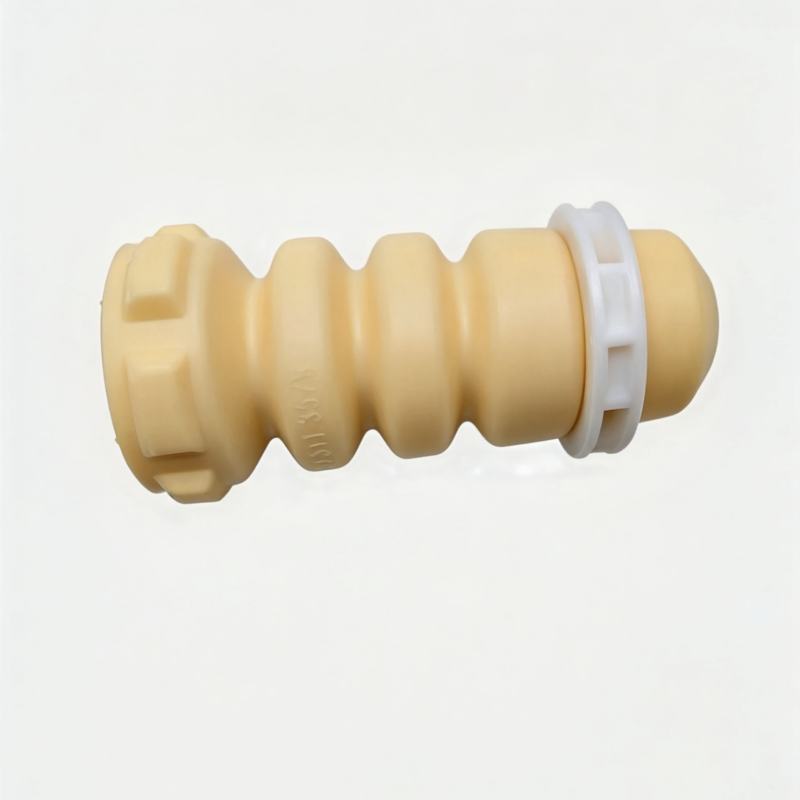 Rear shock absorber bump stop with beige rubber and white retaining ring