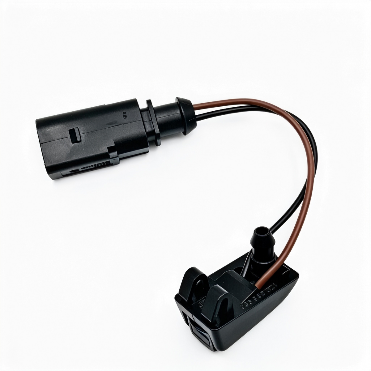 Windshield washer nozzle assembly with brown hose wires and black connector housing