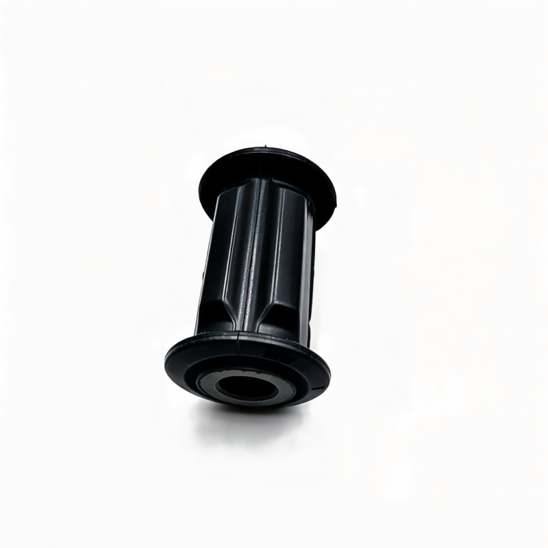 Black steering rack bushing with molded rubber housing and center mounting hole