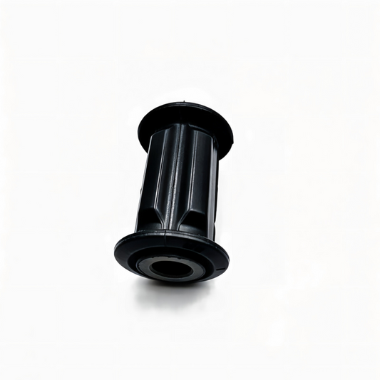 Black steering rack bushing with molded rubber housing and center mounting hole