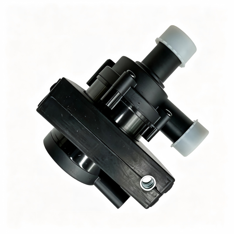 Auxiliary electric water pump with black housing and two gray hose connectors