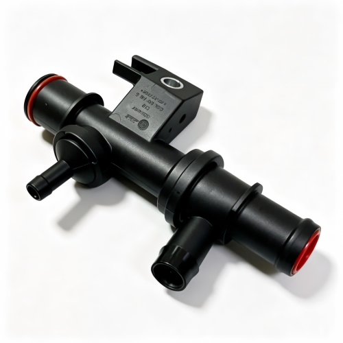 Vacuum check valve assembly with red ring ports and attached bracket, black plastic