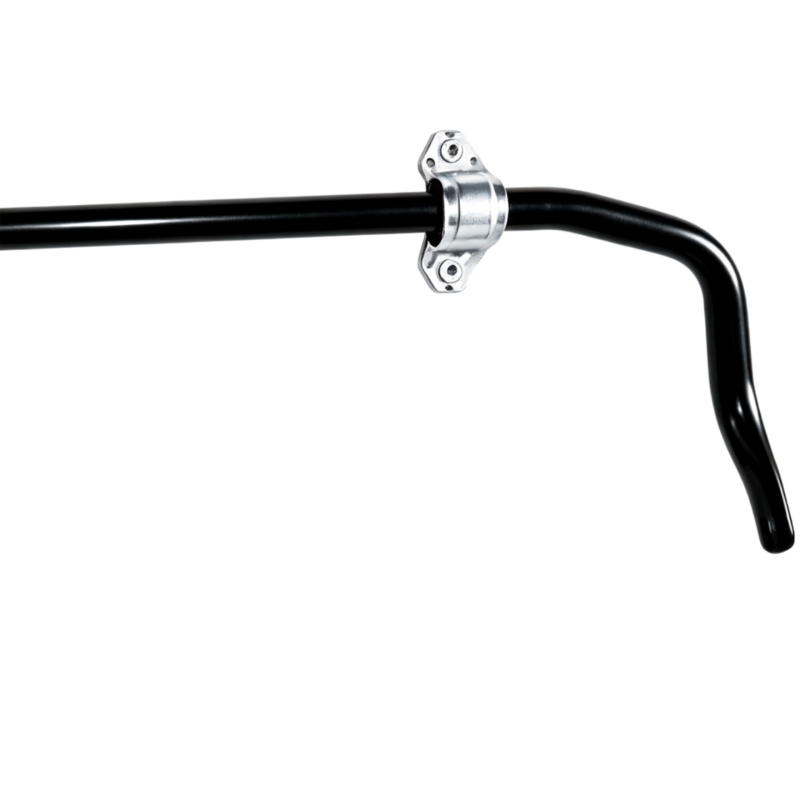 Front stabilizer bar with black steel tube and silver mounting bracket, front close-up