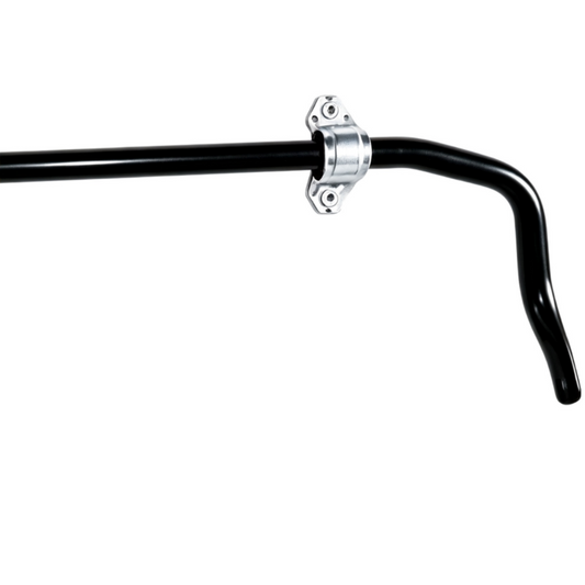 Front stabilizer bar with black steel tube and silver mounting bracket, front close-up