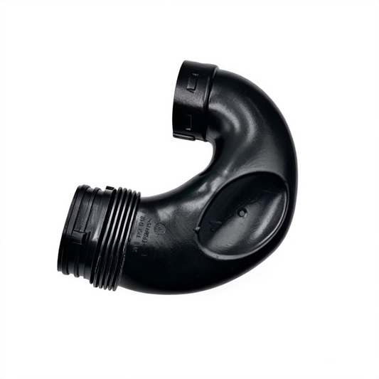 Black air intake hose elbow with ribbed connector and vented coupling