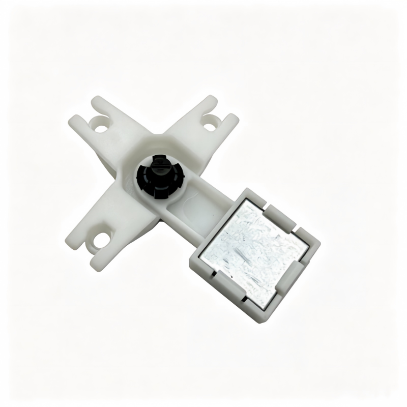 White rear door lock relay lever actuator with black center and mounting holes