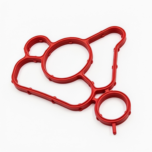 Oil filter housing gasket, red rubber seal with circular openings and small outlet tab