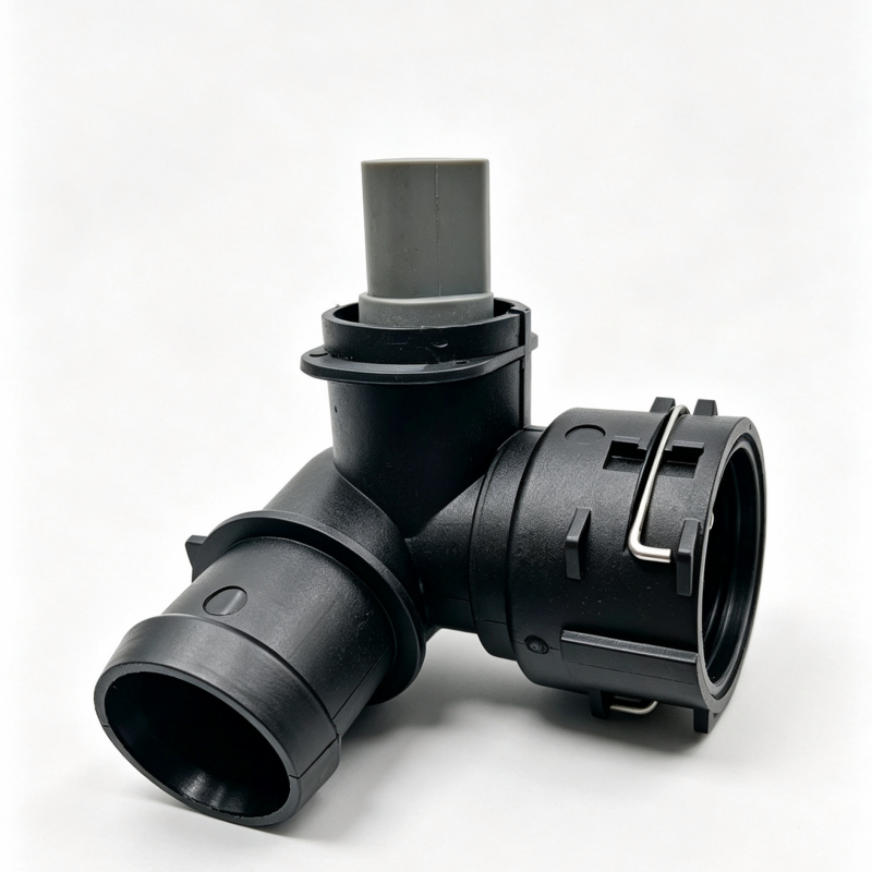 Black coolant hose junction with angled fittings and circular threaded-style socket
