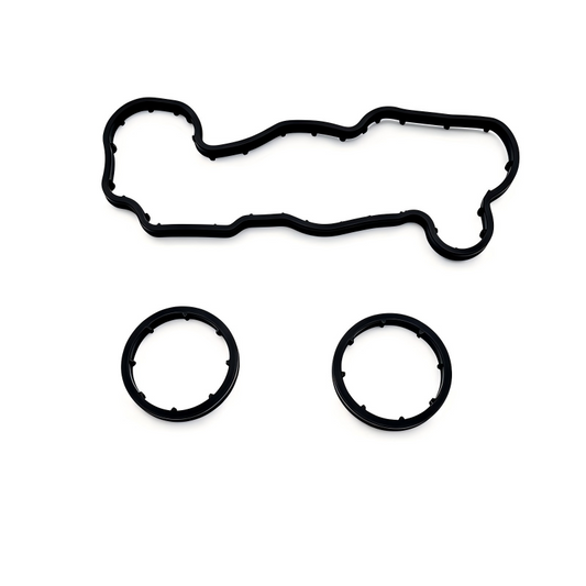 Oil cooler seal set with one long gasket and two circular O-rings, black rubber