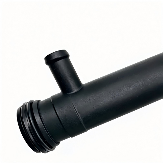 Black rubber coolant hose with molded connector and ribbed fitting