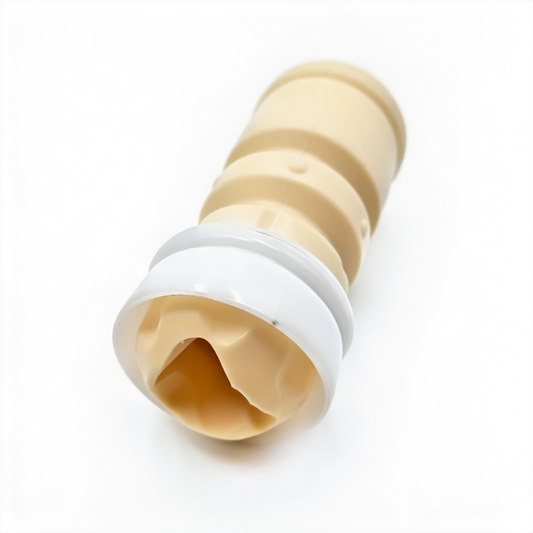 Rear suspension bump stop, beige rubber with white collar and open end