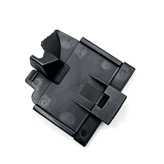 Black fuse box cover with mounting clips and side opening