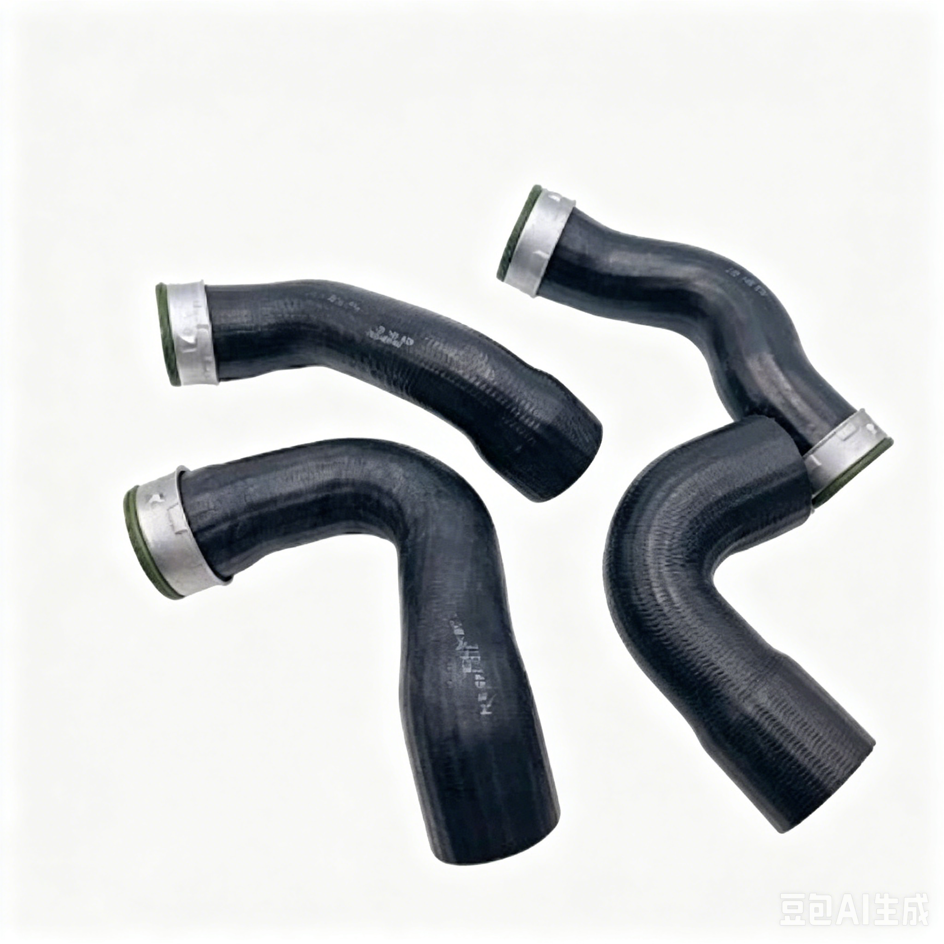 Black silicone turbo boost pipes with silver clamps, three-piece set.