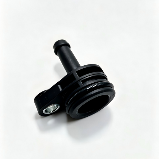 Black coolant hose connector with metal mounting hole and ribbed circular base