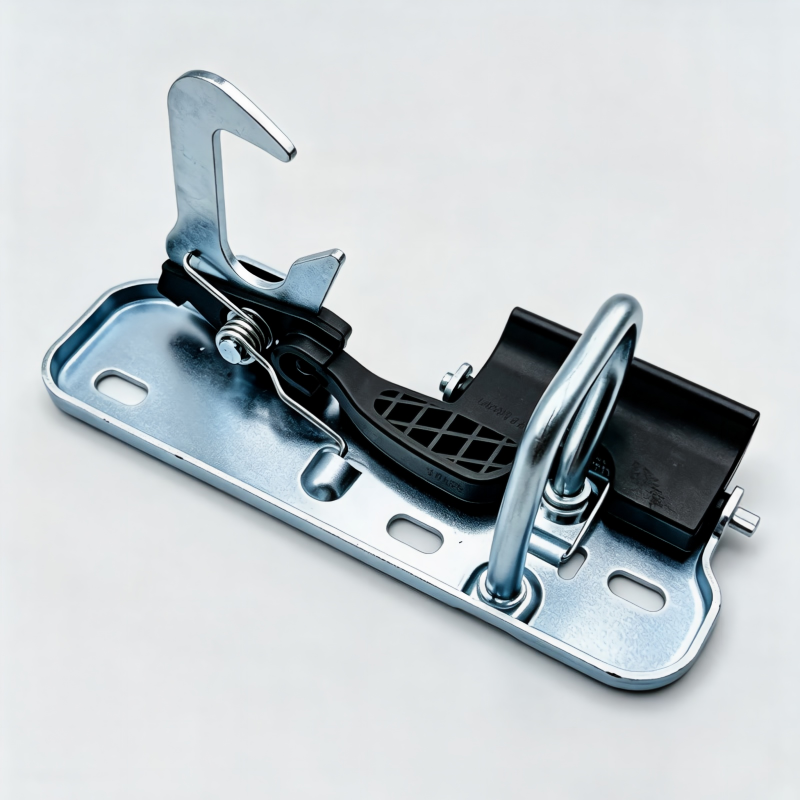 Metal hood latch with silver release handle and black latch lever