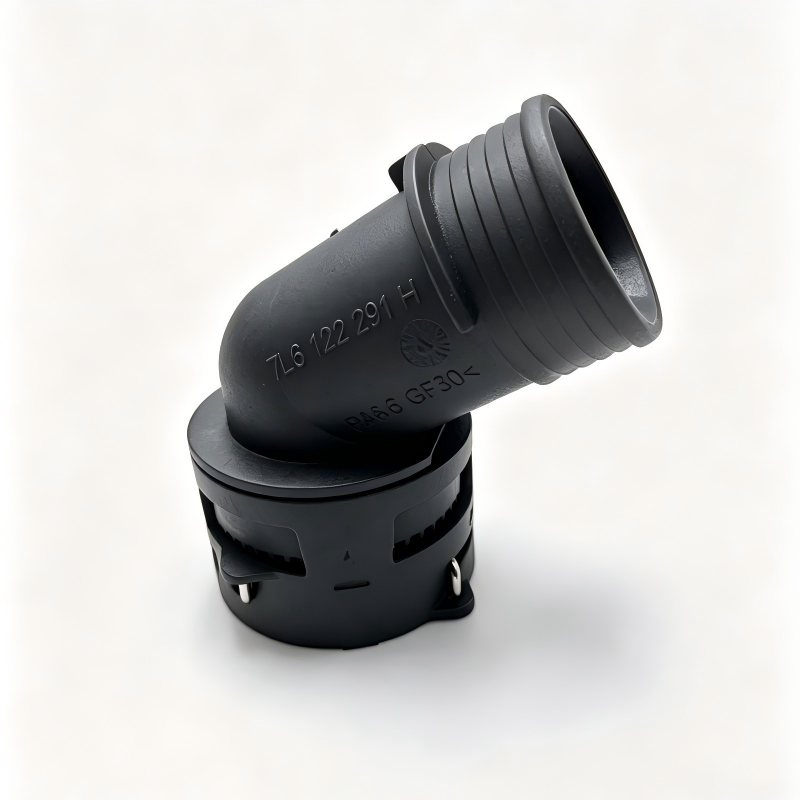 Black coolant hose connector elbow with ribbed hose end and mounting clip tabs